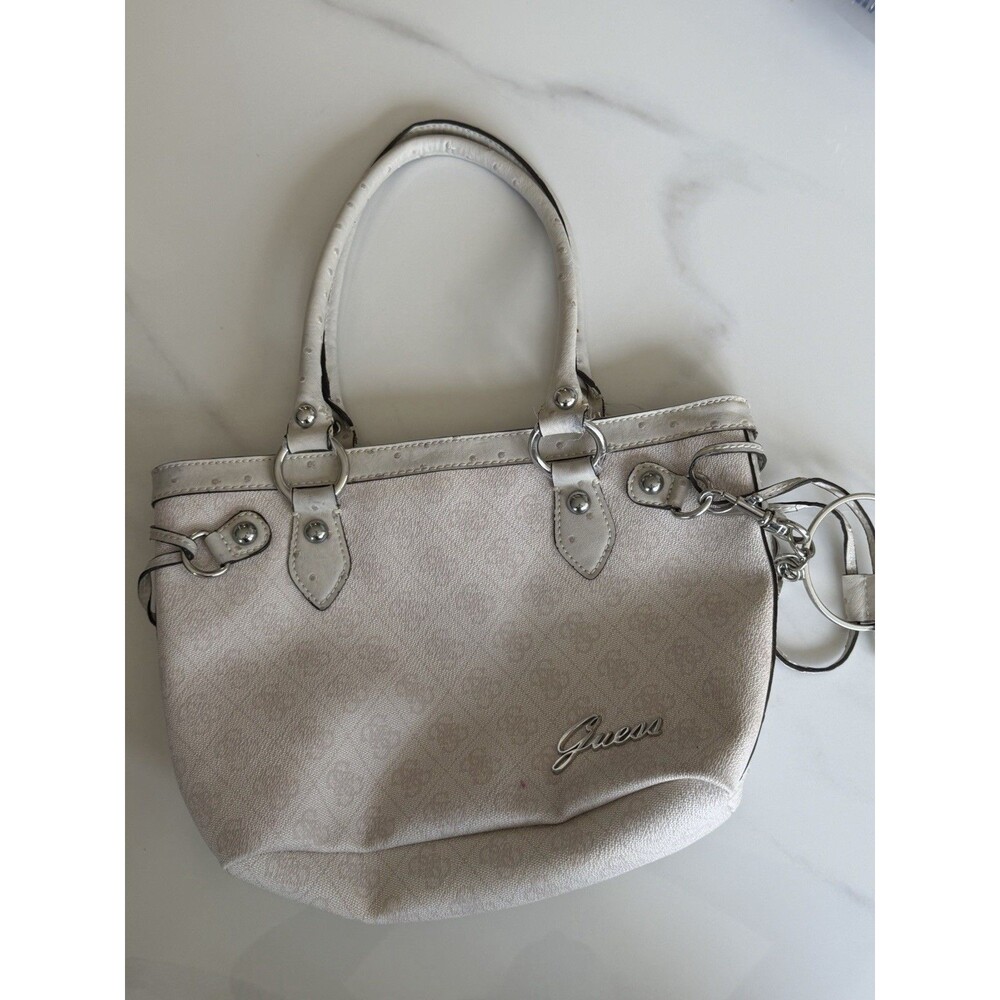 Vintage 2000s Guess Cream Monogram Mini Satchel Handbag Y2K